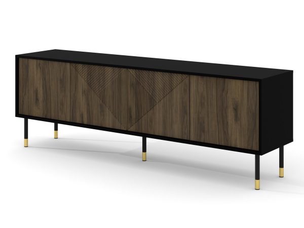 Komoda RTV z czarnymi frontami, geometrycznym wzorem i smukłymi złotymi nogami w nowoczesnym stylu do eleganckiego salonu