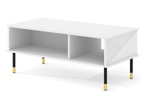 Miniaturka 1 - Biały stolik kawowy z pionowymi frontami, smukłymi złotymi nogami i geometrycznym wzorem w stylu retro