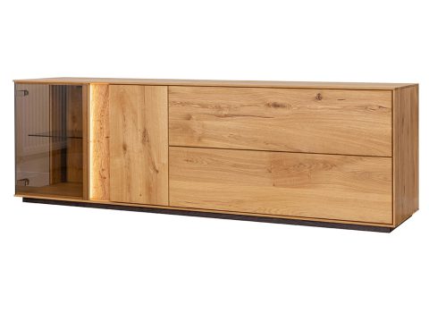 Szafka RTV dębowa z półkami i przeszkleniem