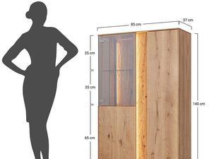 Miniaturka 15 - Wysoka witryna dębowa z półkami, przeszklone fronty i wymiarami technicznymi