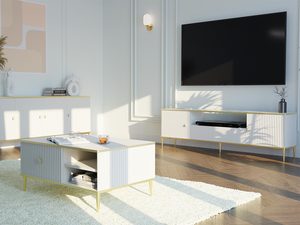 Miniaturka 7 - Biała komoda z pionowymi frontami, smukłymi złotymi nogami i marmurowymi uchwytami w eleganckim stylu do salonu