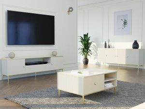 Miniaturka 3 - Biała komoda z pionowymi żłobieniami, złotymi marmurowymi uchwytami i wysokim połyskiem w minimalistycznym stylu