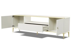 Miniaturka 2 - Biała komoda z pionowymi frontami, smukłymi złotymi nogami i marmurowymi uchwytami do eleganckiego salonu