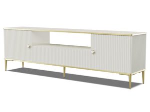 Miniaturka 1 - Biała komoda z pionowymi żłobieniami, smukłymi złotymi nogami i marmurowymi uchwytami w minimalistycznym stylu do salonu