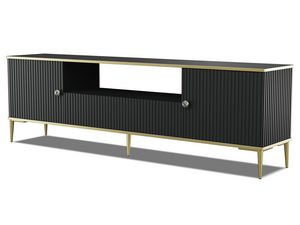 Miniaturka 11 - Czarna komoda z pionowymi frontami, złotymi marmurowymi uchwytami i metalowymi nogami w nowoczesnym stylu