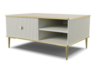 Miniaturka 1 - Biały stolik kawowy z pionowymi frontami, złotymi nogami i otwartymi półkami