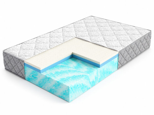 Wygodny Antyalergiczny Materac Piankowy MODERN w przekroju, widoczne warstwy wnętrza, na białym tle