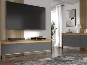 Miniaturka 5 - Szafka RTV dębowa z grafitowymi frontami, styl loftowy