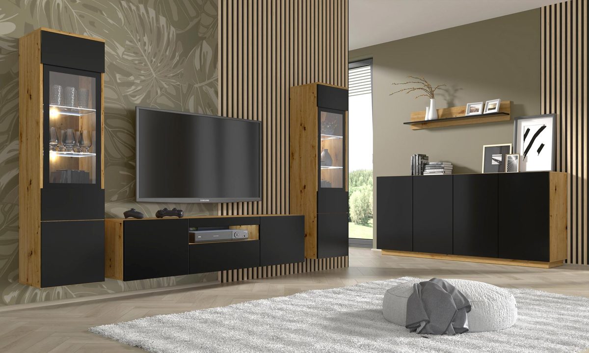 Zestaw mebli salonowych w stylu loftowym, czarne fronty, dębowe elementy Zestaw mebli salonowych w stylu loftowym, czarne fronty, dębowe elementy