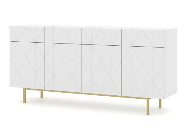 Nowoczesna biała komoda z geometrycznymi frontami, złote nóżki