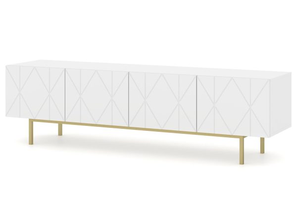 Nowoczesna biała komoda z geometrycznymi frontami, złote nóżki