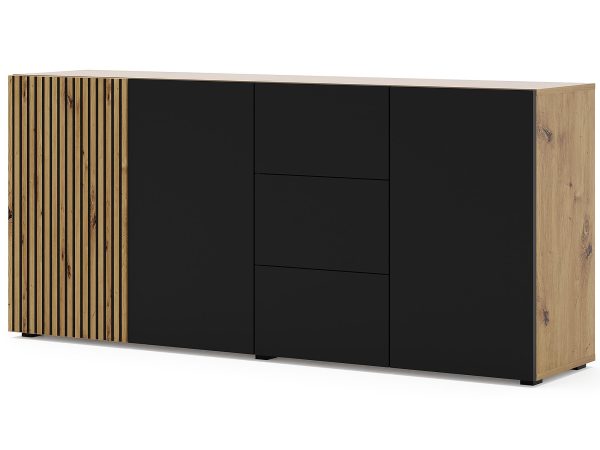 Przestronna czarna komoda z dębowymi akcentami, styl loftowy