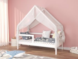 Miniaturka 3 - Drewniane łóżko dziecięce domek z baldachimem, białe wykończenie