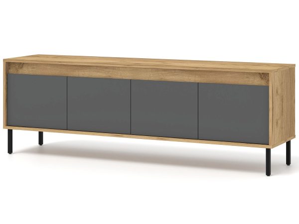 Drewniana szafka RTV z czarnymi frontami, styl loftowy