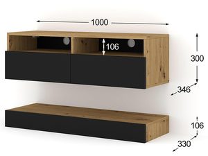 Miniaturka 2 - Zestaw szafek RTV do salonu, drewno dębowe i czarne akcenty z wymiarami technicznymi