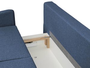 Miniaturka 22 - Detal tapicerki granatowej sofy z gładkim wykończeniem i mechanizmem pojemnika