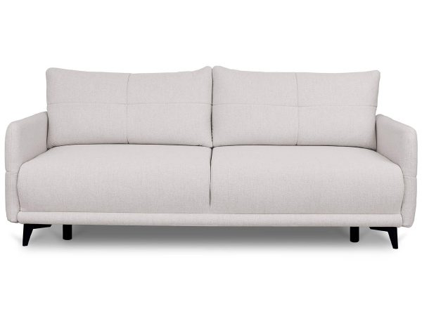 Beżowa sofa z prostym designem i wysokim oparciem