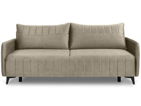 Beżowa sofa z prostym, nowoczesnym oparciem