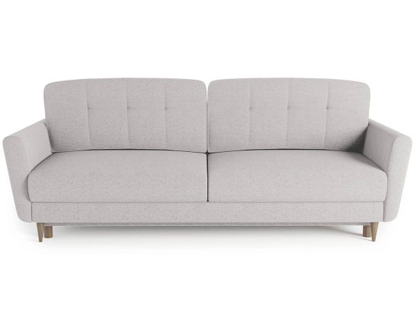 Beżowa sofa do przestronnego salonu z prostymi liniam