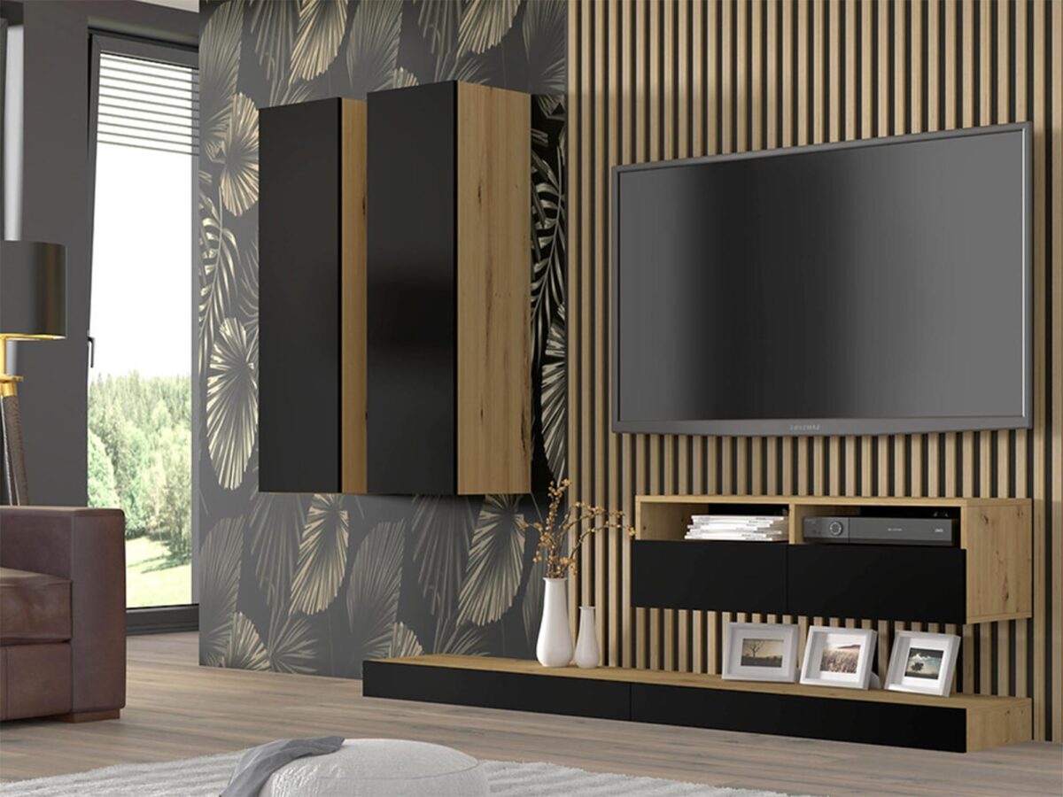 Aranżacja zestawu mebli w kolorze dąb artisan z czarnymi elementami w salonie Aranżacja zestawu mebli w kolorze dąb artisan z czarnymi elementami w salonie