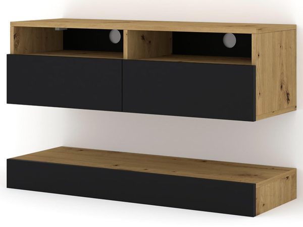 Zestaw szafek RTV do salonu, drewno dębowe i czarne akcenty