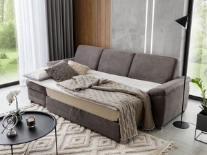 Miniaturka 12 - Nowoczesny narożnik z funkcją spania i pojemnikiem na pościel, tapicerka szara