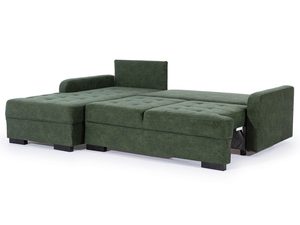 Miniaturka 3 - Tapicerowany narożnik w zielonym Rozłożony zielony narożnik z funkcją spania w nowoczesnym salonie