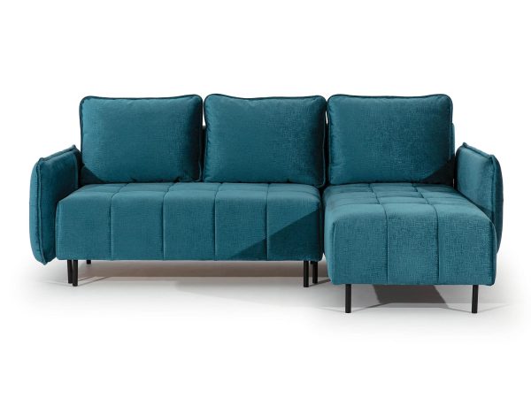 Narożnik w turkusowym kolorze z funkcją spania i pojemnikiem na pościel