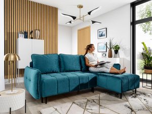 Miniaturka 8 - Nowoczesny narożnik turkusowy z funkcją spania i pojemnikiem na pościel
