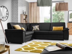 Miniaturka 1 - Czarno-żółty narożnik w nowoczesnym salonie z zasłonami i dywanem