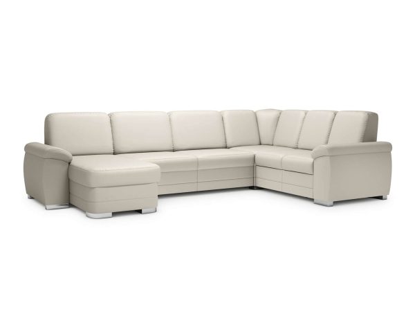 Narożnik nowoczesny z jasnobeżową tapicerką i funkcją rozkładania