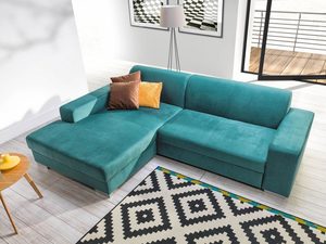 Miniaturka 4 - Turkusowy narożnik w nowoczesnym salonie z geometrycznym dywanem