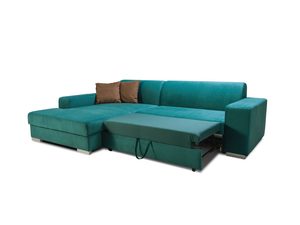 Miniaturka 1 - Turkusowy narożnik rozkładany z pojemnikiem i poduszkami dekoracyjnymi