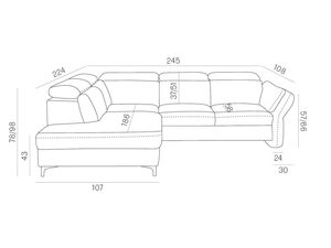 Miniaturka 6 - Schemat techniczny narożnika tapicerowanego z wymiarami i funkcją spania