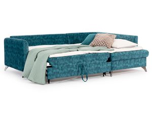 Miniaturka 9 - Narożnik turkusowy rozkładany w aranżacji z poduszkami i miętowym kocem