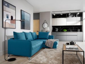 Miniaturka 15 - Narożnik w turkusowym kolorze z funkcją rozkładania i pojemnikiem na pościel