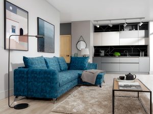 Miniaturka 16 - Przestronny narożnik tapicerowany w turkusowym kolorze z poduszkami