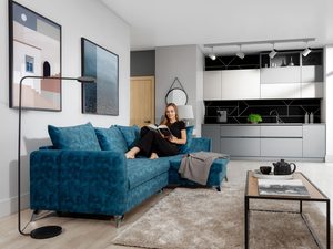 Miniaturka 17 - Nowoczesny narożnik w turkusowym kolorze z funkcją rozkładania i pojemnikiem