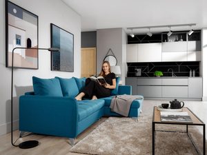 Miniaturka 18 - Komfortowy narożnik w turkusowym kolorze z poduszkami i funkcją spania