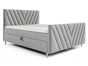 Miniaturka 1 - Łóżko tapicerowane w szarym kolorze z geometrycznym wzorem na zagłówku