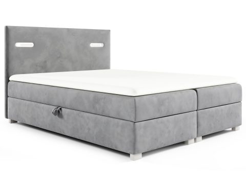 Łóżko tapicerowane w jasnoszarym kolorze z minimalistycznym zagłówkiem