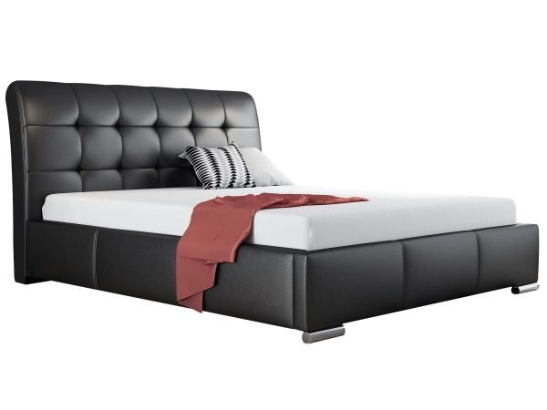 Czarne łóżko z zaokrąglonymi bokami – nowoczesna forma, czerwona narzuta jako akcent.