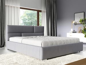 Miniaturka 2 - Szare łóżko z wysokim zagłówkiem – prosta bryła, neutralna kolorystyka.