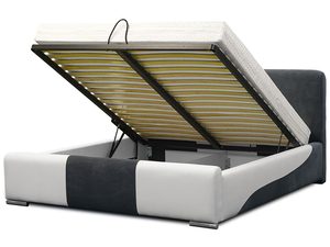 Miniaturka 3 - Tapicerowane łóżko z pojemnikiem i otwartym stelażem, w dwukolorowej wersji – biel i czerń.