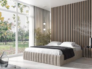 Miniaturka 9 - Jasnobeżowe łóżko z tapicerowanym zagłówkiem w stylu modern boho i teksturą boucle.