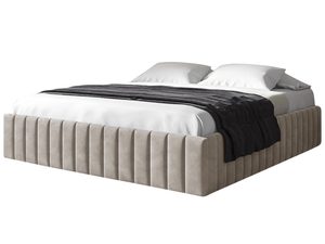 Miniaturka 1 - Jasnobeżowe łóżko z tapicerowanym zagłówkiem w stylu modern boho i teksturą boucle.