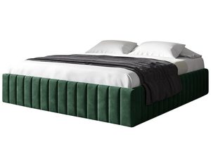 Miniaturka 7 - Ciemnozielone łóżko sypialniane z tapicerowanym korpusem i czarną narzutą.