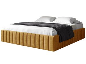 Miniaturka 8 - Musztardowe łóżko tapicerowane z pionowym przeszyciem, w nowoczesnym wnętrzu