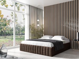 Miniaturka 10 - Brązowe łóżko tapicerowane z prostym korpusem i eleganckim wykończeniem.