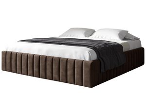 Miniaturka 2 - Ciemnobrązowe łóżko z tekstylnym bokiem i wysokim wezgłowiem, naturalne światło dzienne.